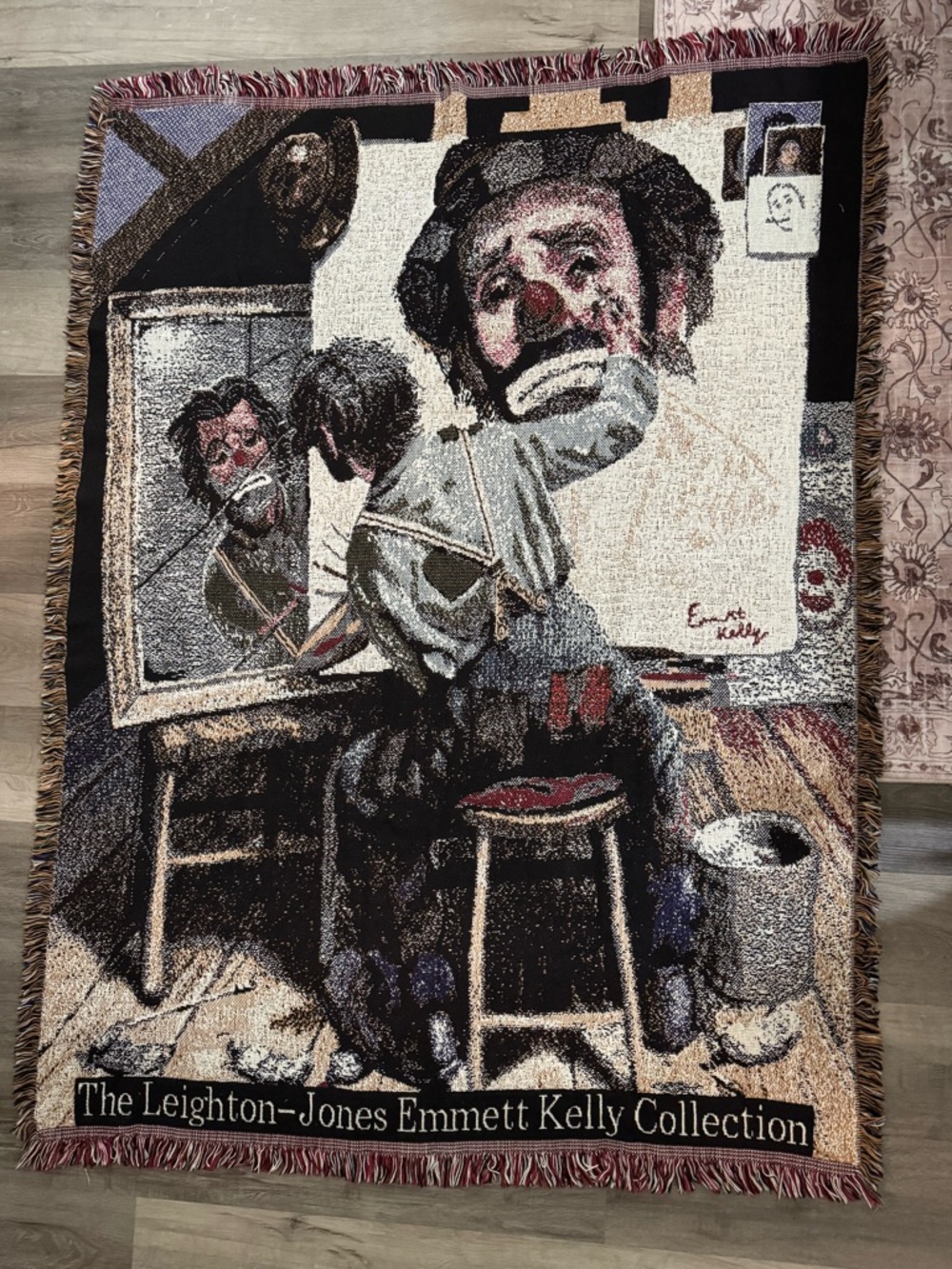 Vintage Emmett Kelly Clown Woven Tapestry Throw Blanket